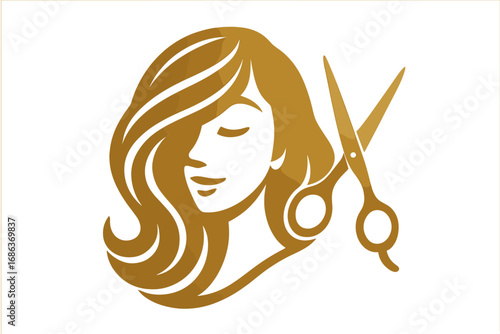 Woman hair salon logo design. Golden gradient silhouette of a girl with scissors. Vector icon for hairdresser, beauty studio, and hairstylist. Elegant female hairstyle concept.