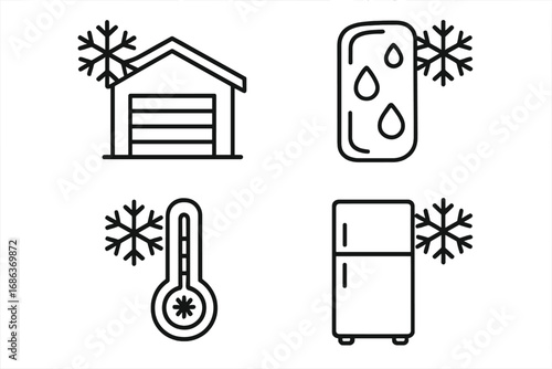 Cold storage and refrigeration line icon set. Vector outline symbols for freezing, warehouse logistics, low temperature, and freezer. Includes thermometer, ice, and snowflake.