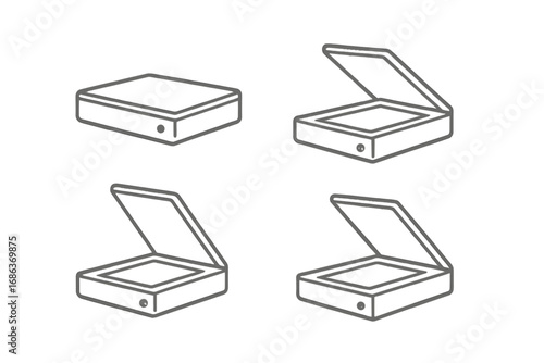 Minimalistic line art of scanners in various open and closed positions, vector cartoon illustration, transparent background, ordered set of flat electronic device icons, technology concept