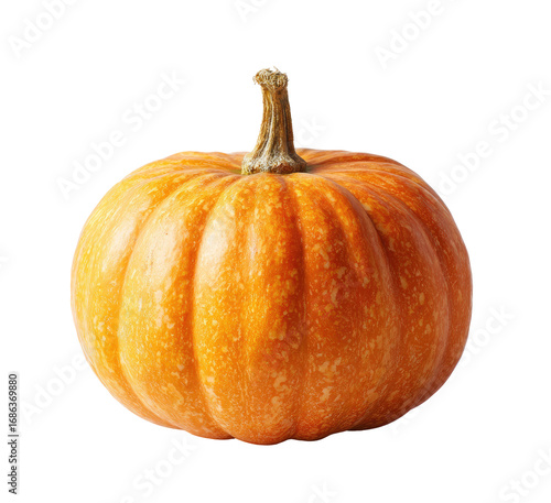 Small, round pumpkin, vibrant orange,  smooth skin with ribbed texture,  stem visible