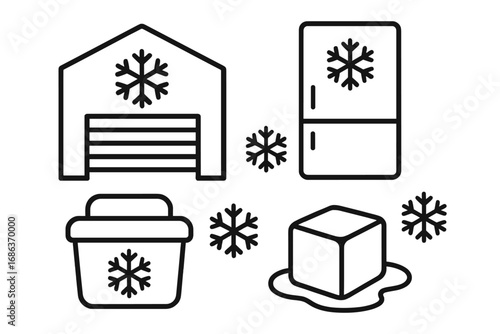 Cold storage linear icon set with warehouse, refrigerator, cooler, and ice cube. Vector outline symbols for freezing, refrigeration, food logistics, and temperature control.