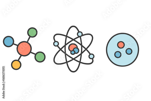 Science icon set with molecule, atom, chemical compound. Vector graphic for education, chemistry, physics research. Atomic structure with nucleus, proton, electron symbol.