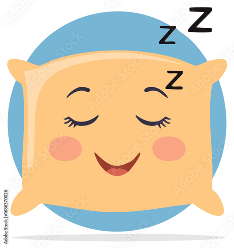 Cute pillow character sleeping with zzz above on blue circle background