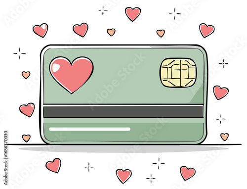 Stylized Credit Card with Heart Shape Decor, Love Money Concept, Valentines Day Payment, Financial Romance Icon