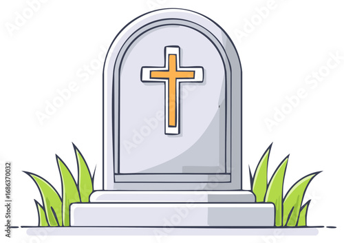 Simple stone tombstone with cross symbol and green grass on white background cartoon style