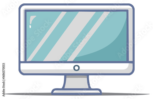 Modern computer monitor with a bright blue screen reflecting light and shadows