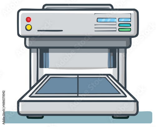 Cartoonish medical device scanner in white and gray with buttons and display panel, isolated