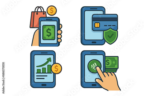 Mobile payment apps showcasing secure transactions, online shopping, contactless payments, digital banking, financial growth, and convenient money management cartoon vector illustration