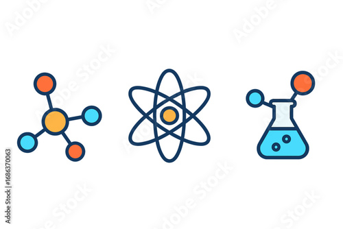 Vector icon set of molecule, atom, and lab flask for science and chemistry. Flat cartoon illustration of chemical compound, physics research, and laboratory experiment.