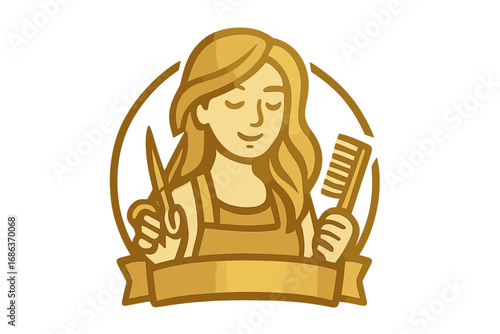 Golden logo of a female hairdresser holding scissors and a comb. Elegant vector emblem for a beauty salon or hair stylist. Professional beautician character mascot design.