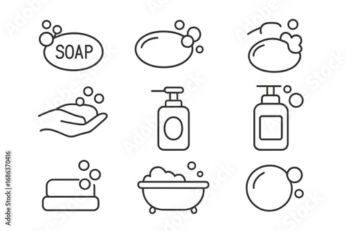 Soap line icon set. Vector symbols for hygiene, hand washing, bubbles, foam. Bar soap, liquid dispenser, bath tub pictogram. Minimal linear icons for web, graphic design.