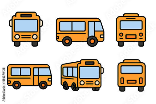 Set of school bus icons. Collection of yellow public transport vehicle symbols. Vector cartoon illustration for travel, tourism, and education. Front, side, isometric view.