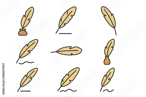Quill feather pen icon set with inkwell. Minimal linear pictogram for web design, apps, cards. Vector cartoon illustration of writing, literature, history, law, author, poet.