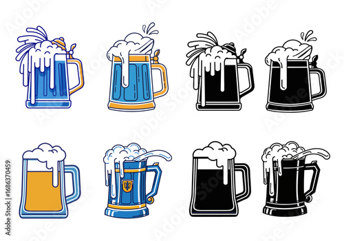 Collection of Oktoberfest and Brewery-Themed Beer Mug Vector Icons. Hand-Drawn Style Beer Mugs and Steins Illustrations with Foam.