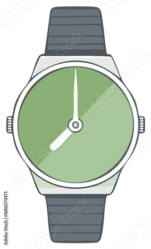 Analog wristwatch with green dial and bracelet vector illustration eight o'clock Time Concept
