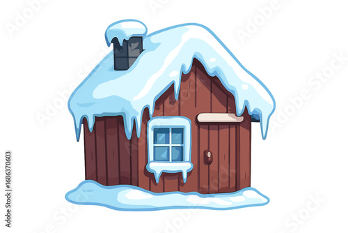 Winter snow house vector icon. Cute cartoon wooden cabin with snow on the roof and icicles. Isolated cozy cottage illustration for Christmas, holidays, or seasonal design.
