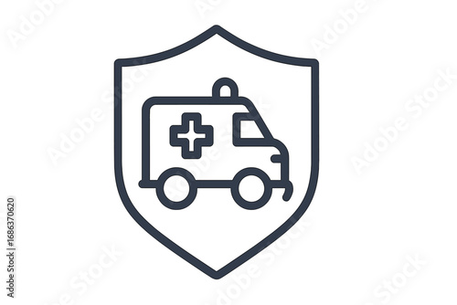 Ambulance shield icon. Health insurance concept. Medical protection and safety symbol. Emergency vehicle, car transport security sign. Healthcare guard. Vector line illustration.