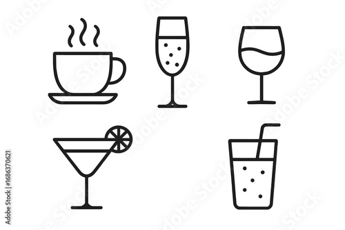 Beverage line icon collection with editable stroke. Hot coffee, wine glass, champagne, cocktail, and soft drink symbols. Minimalist vector pictogram set for cafe or bar menu.