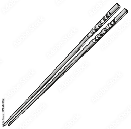 Two pairs of metallic chopsticks, angled, detailed illustration