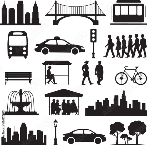 Cityscape silhouettes with transportation and people icons Keywords: cityscape, city, skyline