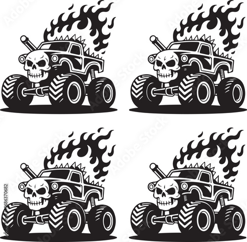 Four identical monster trucks with skull faces and flames Keywords: monster truck, skull, flames