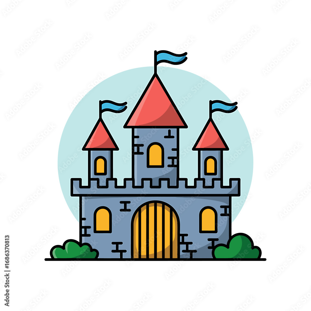 Fototapeta premium Fantasy Castle Illustration with Red Roofs and Blue Flags Isolated on White Background for Childrens Stories and Games
