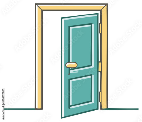 Stylized teal entrance door, showing open passage, frame, and doorway in a cartoon hand drawn illustration.