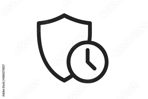 Time protection icon. Shield and clock symbol. Security period, warranty duration concept. Safety timer, limited offer, deadline guard sign. Vector outline illustration for web.