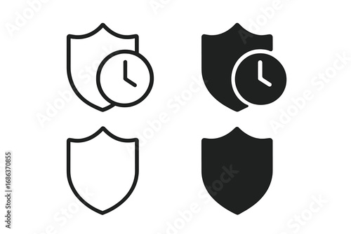 Shield with clock icon set. Time protection, security, and guarantee concept. Long-term safety and warranty symbol. Real-time defense pictogram. Line and glyph vector icons.