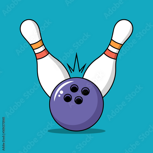 Bowling Strike Illustration with Ball Hitting Pins on a Blue Background Perfect for Sports and Recreation Designs