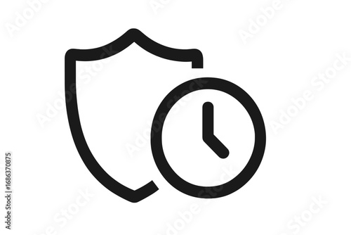 Time protection icon concept. Shield and clock symbol for security, safety, and warranty. Vector illustration for long-term guarantee, deadline, and 24/7 service concepts.