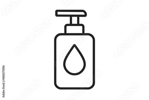 Pump bottle dispenser with drop line icon. Vector illustration of liquid soap, lotion, or sanitizer. Skincare cosmetic product concept for hygiene and beauty. Simple outline.
