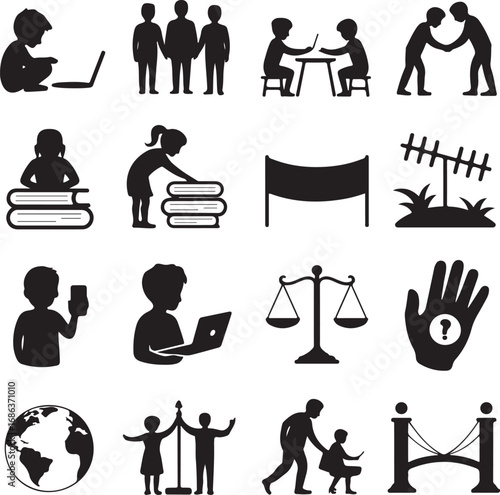 Silhouette icons of people learning working and interacting with technology Keywords: people