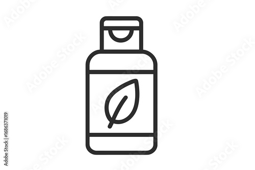 Organic cosmetic bottle with leaf line icon. Natural beauty product concept. Minimalist vector for shampoo, lotion, or skincare. Eco friendly and bio packaging symbol.