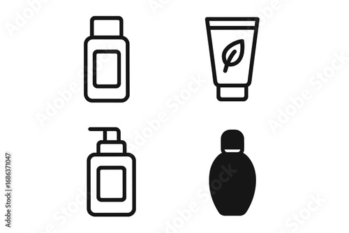 Cosmetic bottle icon set. Minimal line art pictograms for beauty products. Vector collection of shampoo, cream tube, soap dispenser, and lotion container illustrations.