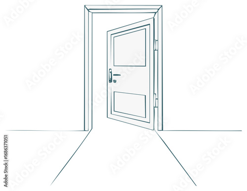 Open doorway with interior view and minimalistic line art sketch of a door