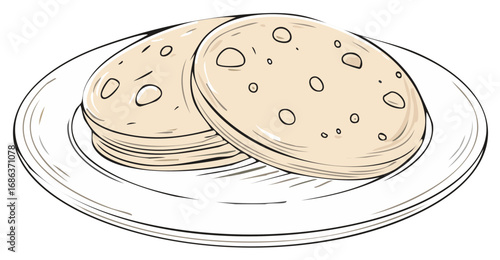 Hand drawn illustration of two pieces of traditional flatbread stacked on a white plate