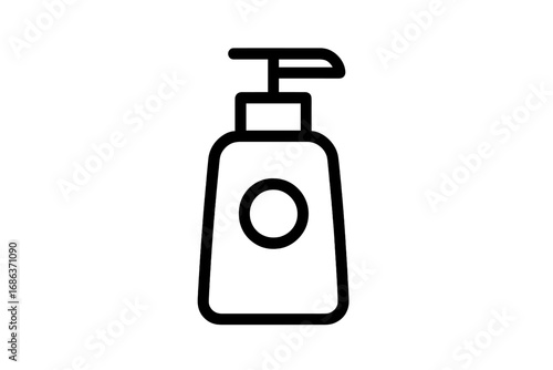 Cosmetic pump bottle dispenser line icon. Minimal vector pictogram for liquid soap, lotion, or sanitizer. Skincare, beauty, and hygiene concept. Simple container illustration.