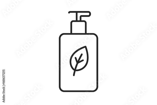 Natural cosmetic pump bottle with a leaf. Organic, bio, eco-friendly product concept. Outline icon of a dispenser for liquid soap, lotion, shampoo, sanitizer. Skincare vector.