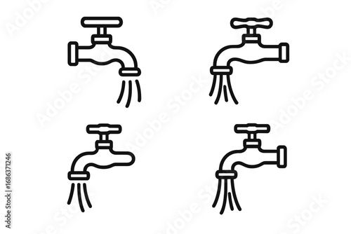 Set of linear faucet icons with flowing water, vector cartoon illustration, transparent background, ordered collection of water taps, plumbing and water flow symbols