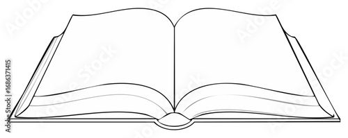 Simple line art drawing of an open book with blank pages for text or design