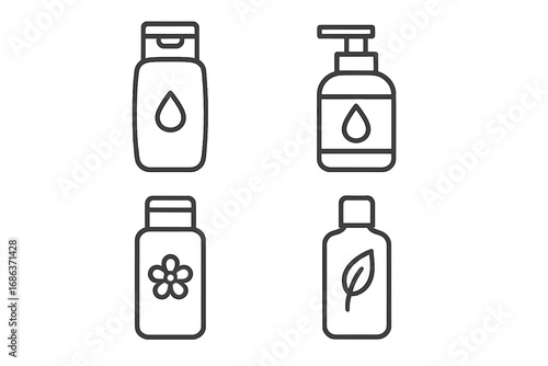 Cosmetic bottle thin line icon set. Vector symbols for skincare, beauty products. Shampoo, lotion, soap dispenser, container illustrations. Natural, organic cosmetics concept.