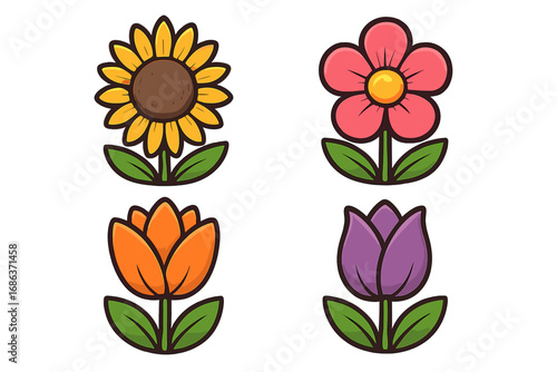 Colorful flower icon set. Cute cartoon vector illustrations of sunflower, tulips, and blossom. Floral graphic element collection for natural beauty logo, sticker or web design.