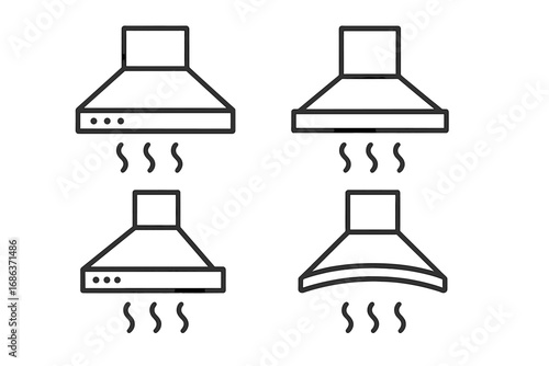 Linear kitchen hoods vector set with steam icons for modern cooking spaces, cartoon style, transparent background, ordered collection of kitchen ventilation designs