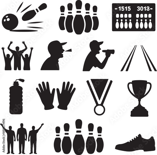 Bowling game icons including pins ball scoreboard and trophy Keywords: bowling, pins, ball