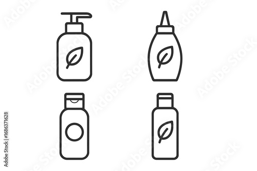 Cosmetic bottle line icon set for beauty and skincare. Natural, organic product packaging. Vector illustration of shampoo, soap dispenser, lotion, gel containers. Minimalist design.