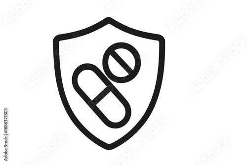 Medical protection shield icon with pills and tablets. Health insurance logo concept. Pharmacy, medicine, and healthcare symbol. Vector illustration for immune system defense.