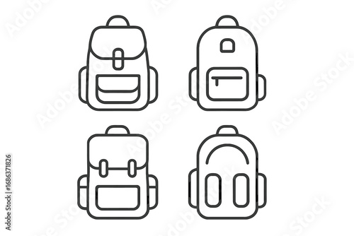 Set of minimalistic linear backpack icons, cartoon style vector illustration with transparent background, organized collection of travel and school bag outlines, modern pack designs