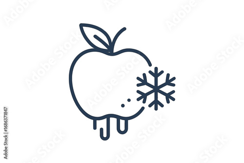 Frozen apple icon with snowflake, melting fruit concept. Vector line art of cold storage, defrosting food. Winter, freshness or cryopreservation idea. Minimalist outline illustration.