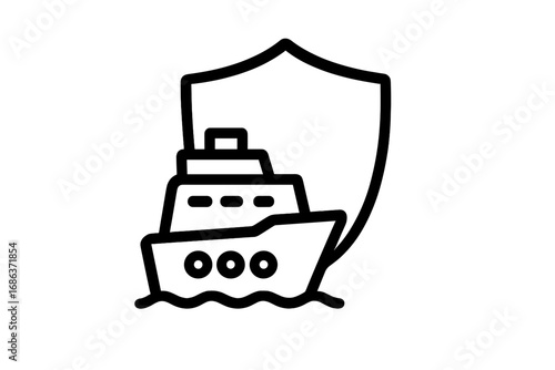 Ship insurance and protection concept. Cruise liner with a shield symbol for safety. Maritime security and travel guarantee vector icon for transport and logistics business.